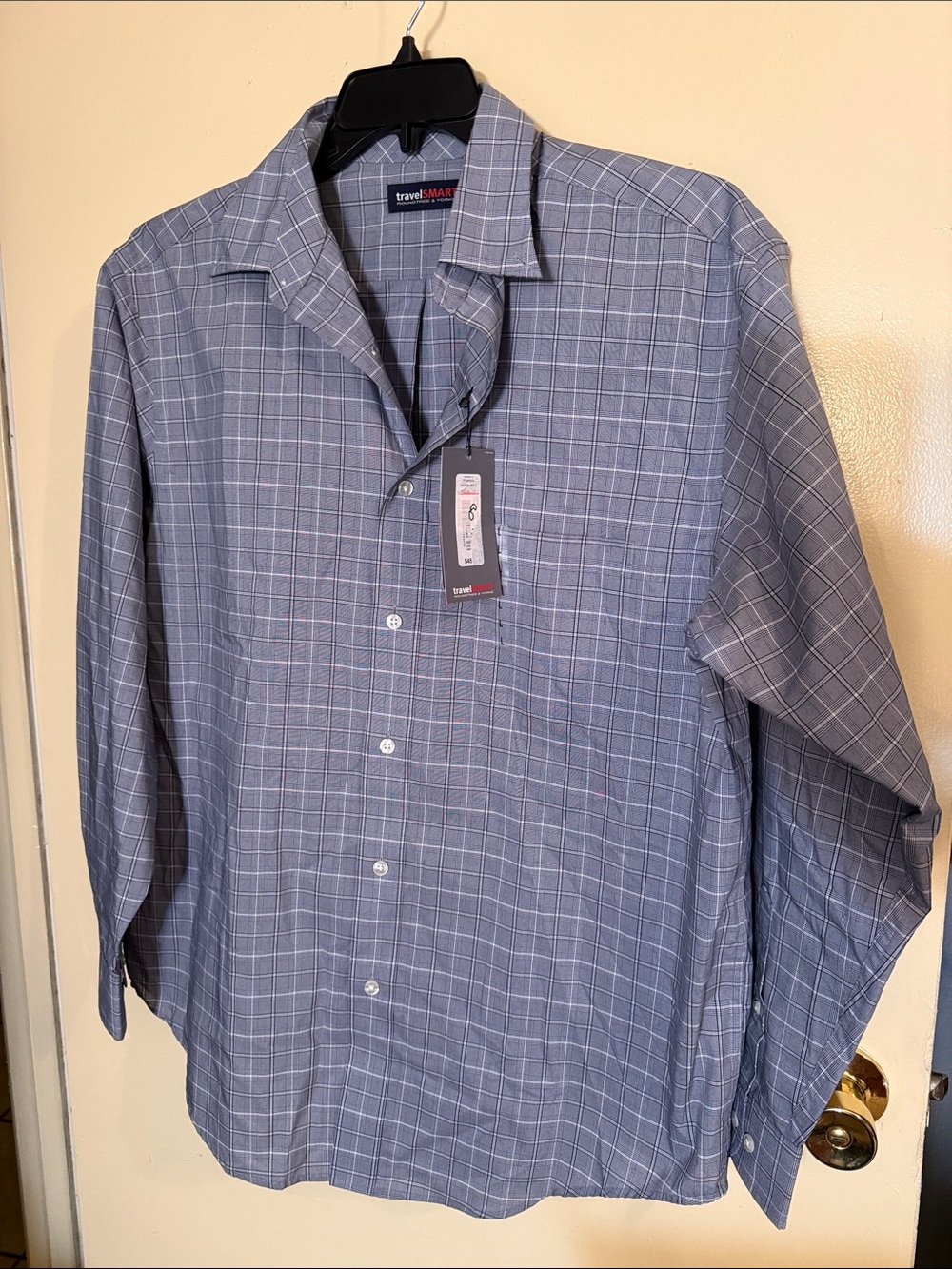 TravelSmith Men's Blue Windowpane Dress Shirt - Classic Spread Collar